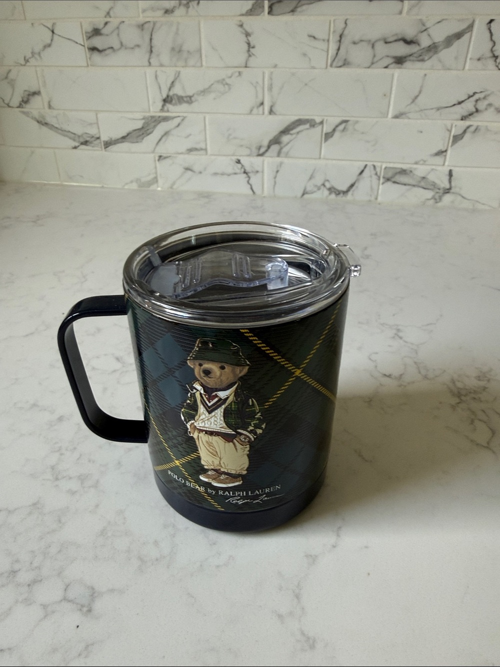 Polo by Ralph Lauren Dark Green Plaid Polo Bear Travel Mug